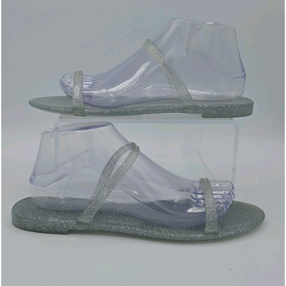 Stuart Weitzman Sawyer Silver Glitter Jelly Slide Sandal Double Strap Flat Sz 9